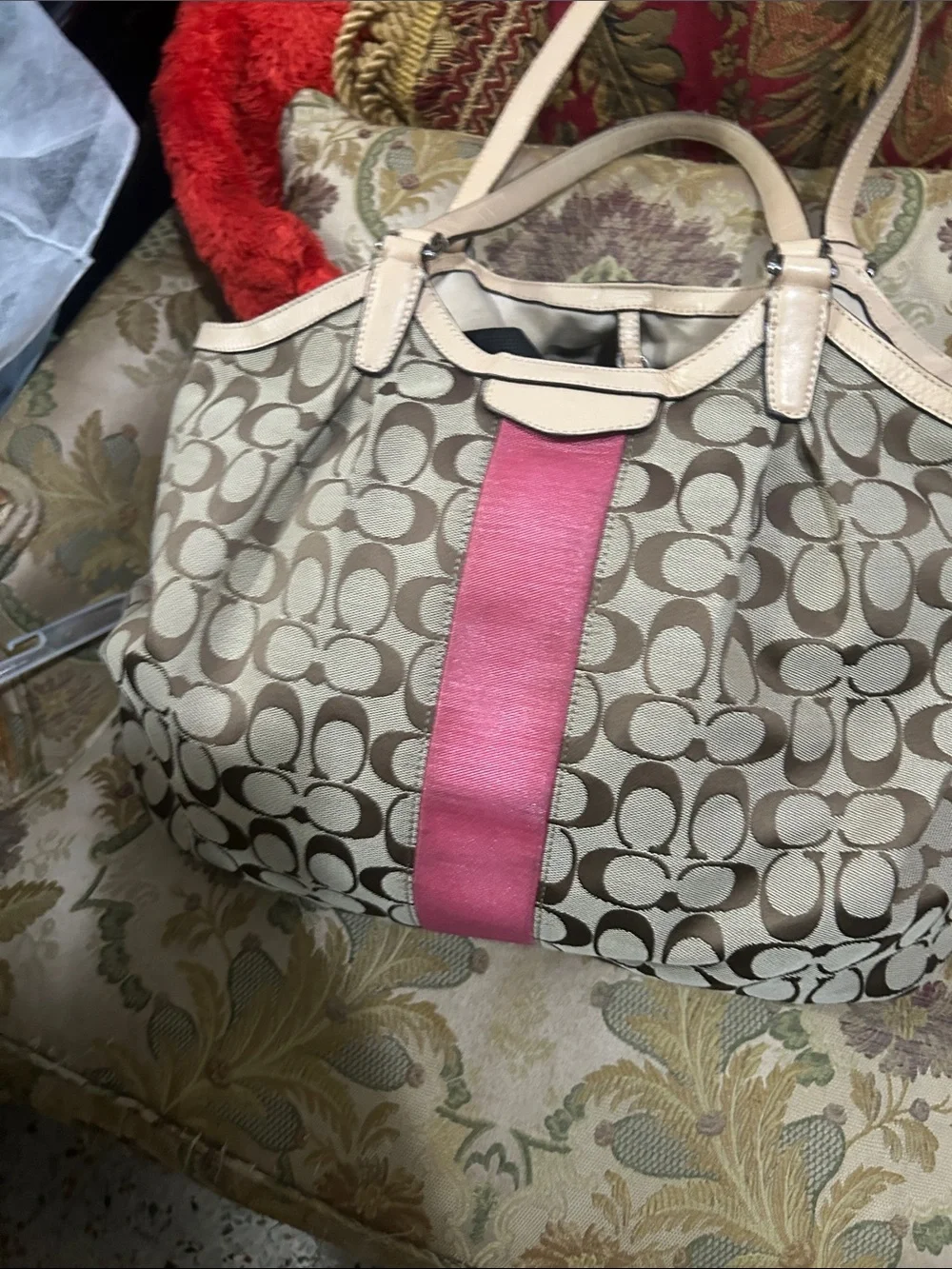 Coach Beige Signature Canvas Tote with Pink Center Panel